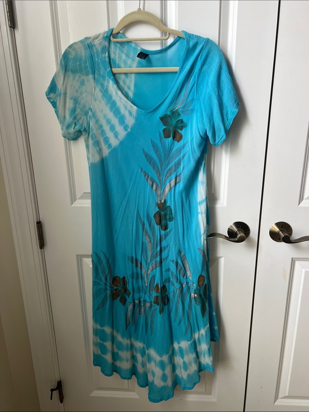 Women’s Turquoise Floral Hand Painted Swim Cover-Up Dress